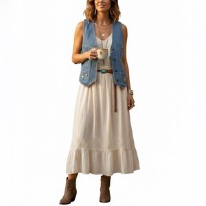 Vintage Pentimento Denim Vest Medium Wash Cinch Back Charms Womens Large B-7